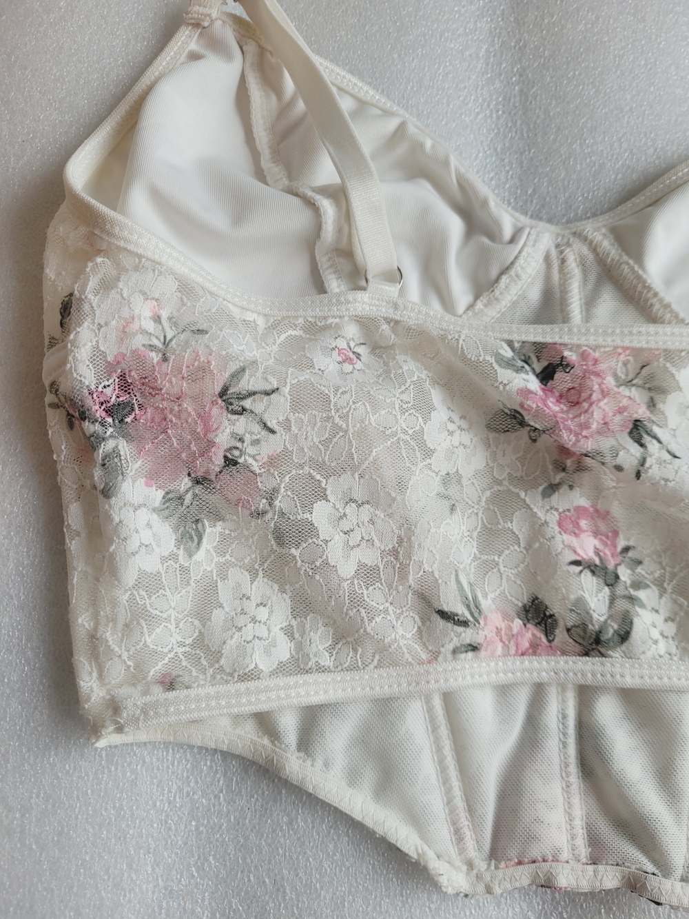 Floral Lace Bustier White with Pink Roses Corset Feminine - Picture 5 of 9